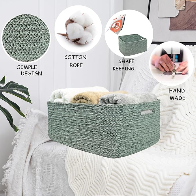 COMFY-HOMI 3 pcs Large Storage Baskets for Shelves, Laundry Basket, Woven Rope Basket, Closet Organizer Bins for Clothes Blanket Towels, Baby Nursery, Gift Toy Baskets, 17” x 13” x 7.5”-Green