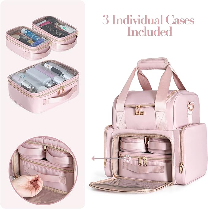 Large Makeup Cosmetic Bag with 3 Removable Case, Double Layer Travel Makeup Organizer Case with Inner Dividers and Makeup Brushes Storage Section, Pink (Patented Design)