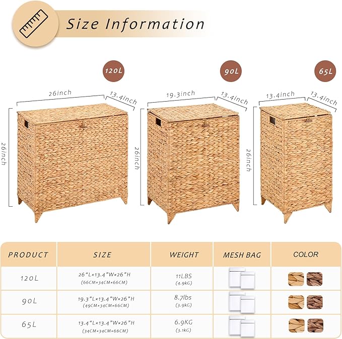 Large Laundry Hamper with Lid, Handwoven Hyacinth Rattan Clothes Hamper with Removable Liner Bag, Heightened Feet Wicker Laundry Basket for Bathroom, Bedroom, Living Room and Laundry