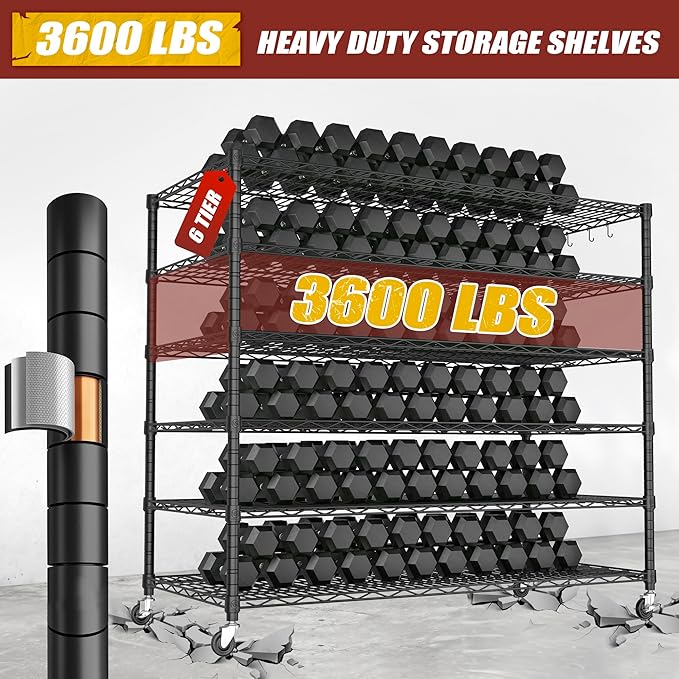PrimeZone 6 Tier 80.7"H x 55.5"W x 24"D Wire Shelving with Wheels 3600lbs NSF Certified Storage Shelves Heavy Duty Metal Shelf Adjustable Rolling Rack Commercial Garage Restaurant Warehouse Kitchen