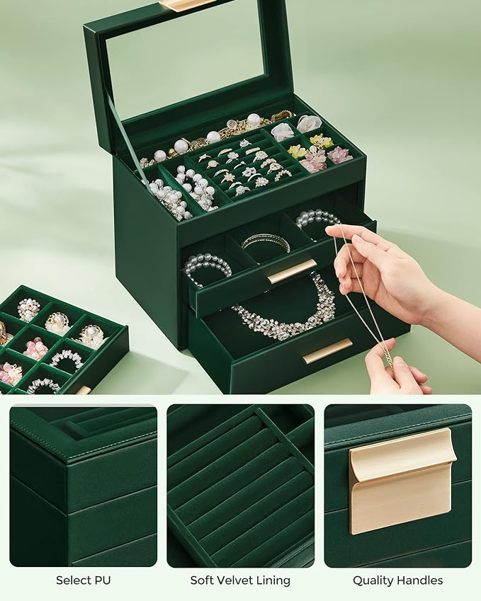 SONGMICS Jewelry Box Organizer with Glass Lid, 4-Layer Jewelry Storage, with 3 Drawers, Modern Style, Christmas Gift, 6 x 9.9 x 8.5 Inches, Forest Green and Gold Color UJBC161G01