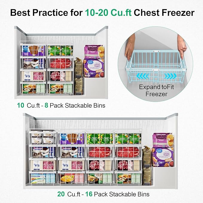 iSPECLE Chest Freezer Organizer - Fit 10 to 20 Cu.FT Freezer, 3 Pack Large Expandable Stackable Deep Freezer Organizer Bins Sort Frozen Food and Easily Get with Handle, Improve Air Circulation,White