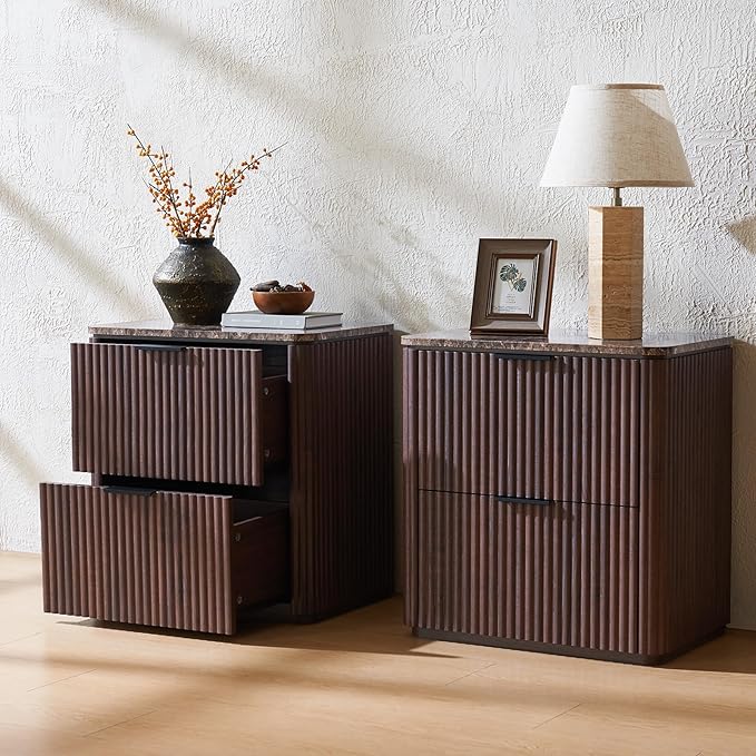 Fluted Nightstand with 2 Drawers, Bedside Table with Faux Marble-Top, Engineered Wood End Table with Curved Corners, Metal Handle, Modern Night Stand for Bedroom, Small Spaces, Dark Oak