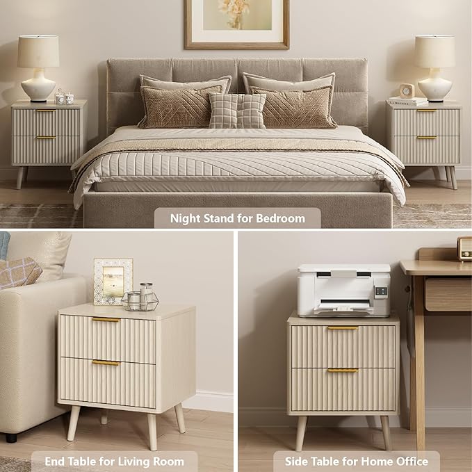 CARPETNAL Fluted Nightstand, Beige Bedside Table with 2 Drawers and Gold Handles, Wood End Table Mid Century Night Stands for Bedroom Living Room