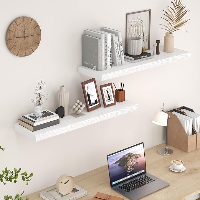 Fun Memories 36 Inch Floating Shelves White, 9.3 Deep Floating Shelf for Wall, Rustic White Wall Shelves 36x9.3x1.5 - Set of 2, Large Deep Shelf for Kitchen, Living Room Storage