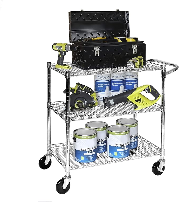 Seville Classics 3-Tier UltraDurable Commercial-Grade NSF-Certifed Service Utility Storage Cart, 34" W, Chrome (1 Pallet of 34 Packs)