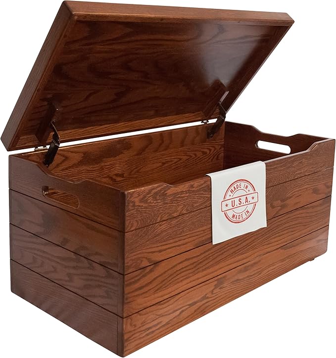 Amish Made Wooden Storage Chest Trunk Box with Lid and Handles for Bedroolanket, Clothes, Anti-Slam Hinges, Handmade, Rustic, Oak Wood, Michaels Stain, 36"