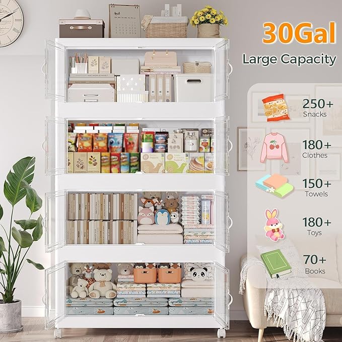 720QT Extra Large Stackable Storage Bins with Lid, 180Gal Collapsible Closet Organizer Box with Wheels, Folding Plastic Storage Cabinet with Doors for Home Kitchen Office Dorm, 6Pack White