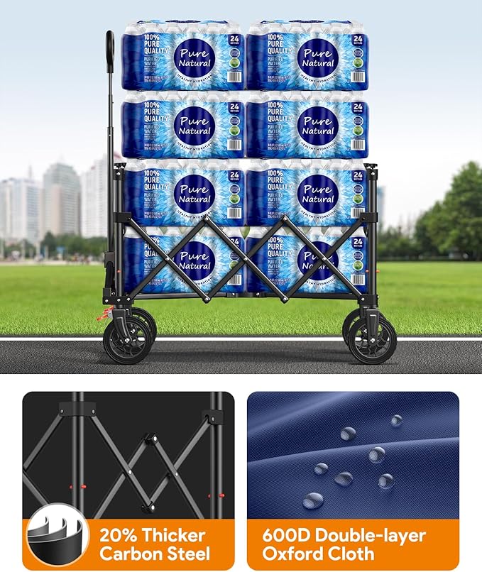 Wagon Carts Foldable, 180L Collapsible Foldable Wagon with 330lbs Weight Capacity, Heavy Duty Utility Cart with Drink Holders and Brakes for Beach Camping Shopping Sports Wheelbarrows, Blue