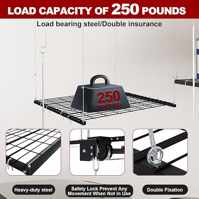 Overhead Garage Storage Rack 4x4 FT, Adjustable Ceiling Lift Storage System for 10–12 FT Ceilings, Heavy-Duty Steel Overhead Shelf with Crank Handle, Safety Lock, 250 lbs Capacity