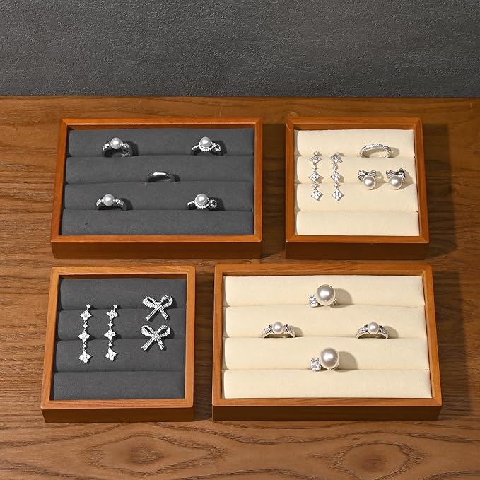 Solid Wood 3-Slots Jewelry Ring Display Tray Showcase Small Jewelry Display Organizer Tray for Rings(S,Grey)