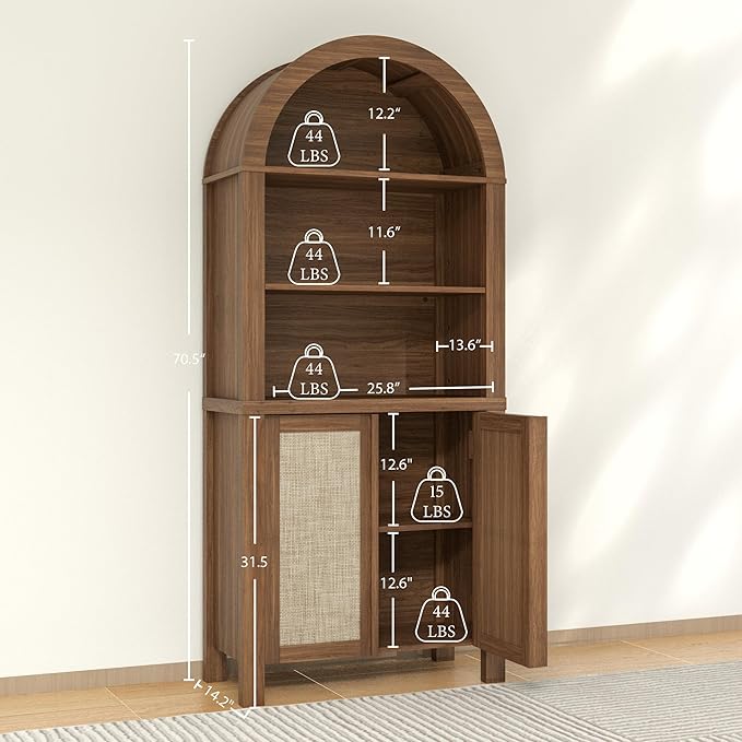Yechen Arched Bookcase, 70.5" Tall Bookcase with Storage, Mid-Century Modern 5 Tier Bookshelves with Door, Boho Rattan Bookshelf for Living Room Kitchen Office Bedroom Library, Dark Walnut,2 PCS