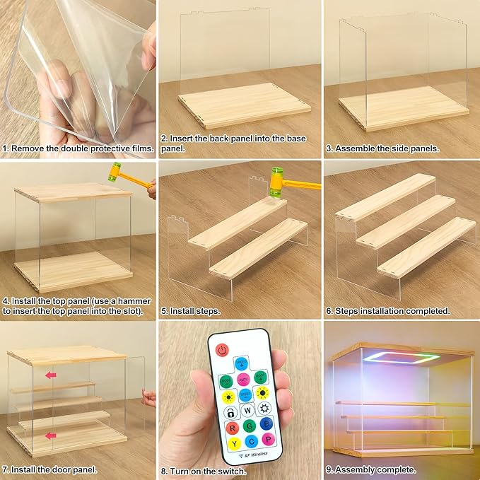 NONEMEY Clear Acrylic Display Case with Light ,3/4/5/6 Tier Multiple Color Lights via Remote Control Dustproof Display Box for Collectibles Figures Mini Toys (6 Tiers 19.6 * 12.5 * 16.5inch)