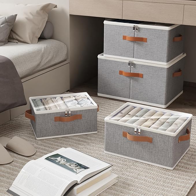 OUTBROS Fabric Storage Bins with Lid, Wardrobe Organiser with Handle and Zipper, Used for storing clothes, blankets, pillows, Foldable Bags, 15 x 10.2 x 5.9 inch, 2-Pack