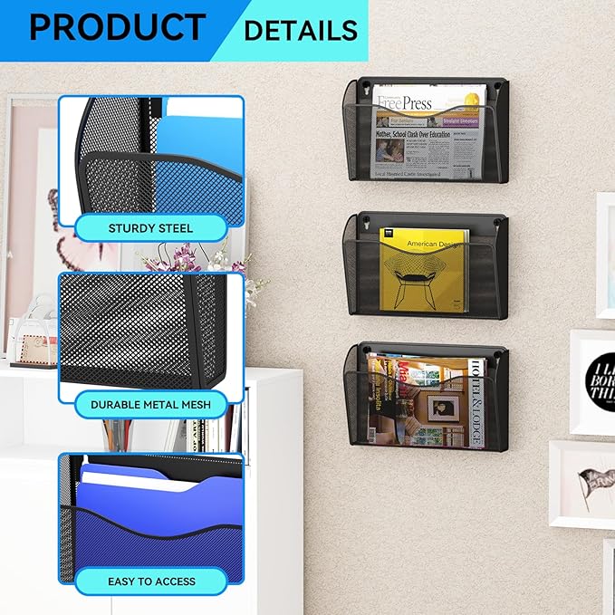 6 Single Pocket Wall File Holder, Mesh Hanging File Folder Paper Organizer, Vertical Wall Mounted Mail Basket, Storage Organization Magazine Rack for Office, Home and School, Black