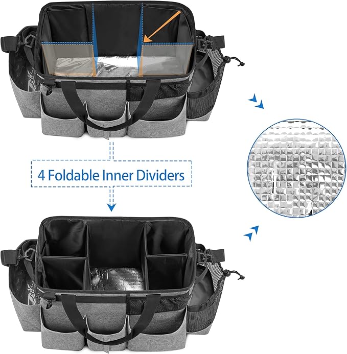 LoDrid Wearable Cleaning Caddy Bag with 4 Foldable Dividers, Cleaning Supply Organizer with Shoulder Strap and Side Handles for Cleaners & Housekeepers, Grey