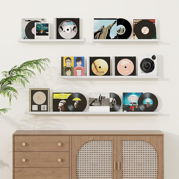 Fun Memories Picture Ledge Shelf, Solid Pine Wood Floating Shelves Set of 4, 16 Inches Nursery Book Shelves for Toys Storage, Kids Bookshelf Wall Mounted for Living Room Decor Photo Frames, White