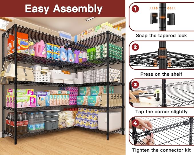 PrimeZone 2 Pack 72"W x 16''D x 76''H Metal Storage Wire Shelves - 5 Tier Heavy Duty Standing Garage Shelving Unit, Adjustable Steel Wire Rack Utility Shelf for Warehouse Kitchen Pantry Corner, Black