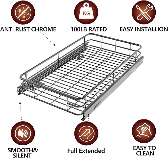 Cabinet Pull Out Shelves (17" W x 21" D), Heavy-Duty Premium Collection Slide Out Shelves, Metal Roll Out Shelves for Kitchen Cabinets, Anti-Rust Chrome Finish
