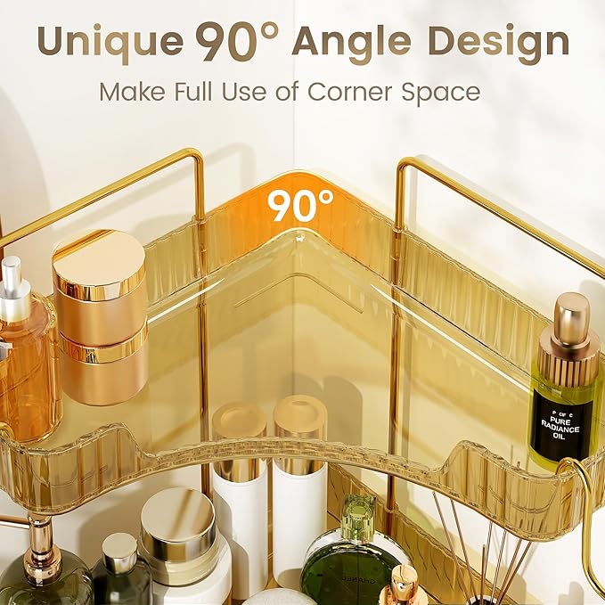 Golden Corner Counter Organizer, 2 - Tier Bathroom & Kitchen Storage Tray with Hooks | PET Vanity Organizer for Skincare, Makeup & Jewelry