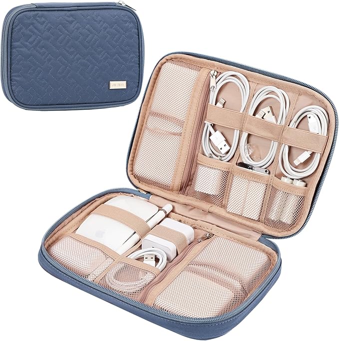 NISHEL Travel Cord Organizer Case, Tech Electronic Bag, Essentials for Charger, Cable, Phone, Hard Drive, USB, SD Card, Aegean-Blue