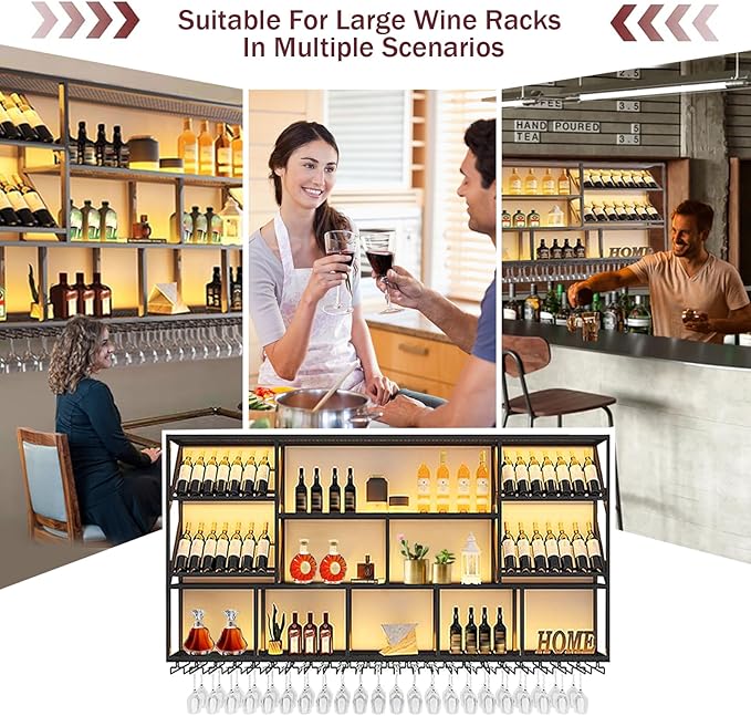 3 Tier Large Wine Rack Wall Mounted with Glass Holder, Black Modern Iron Liquor Shelf, 70.8 Inch Large Wine Bottle Display Shelf, for Kitchen Dining, Home Bar, Cellar (70.8" W)