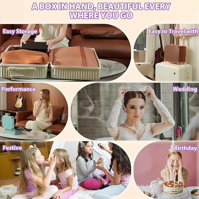 Makeup Organizer Box with Detachable Lighted Mirror, Travel Train Cosmetic Case, Adjustable Divider Storage Bag, Portable Artist Storage Suitcase with Magnetic LED Mirror (Light Pink)