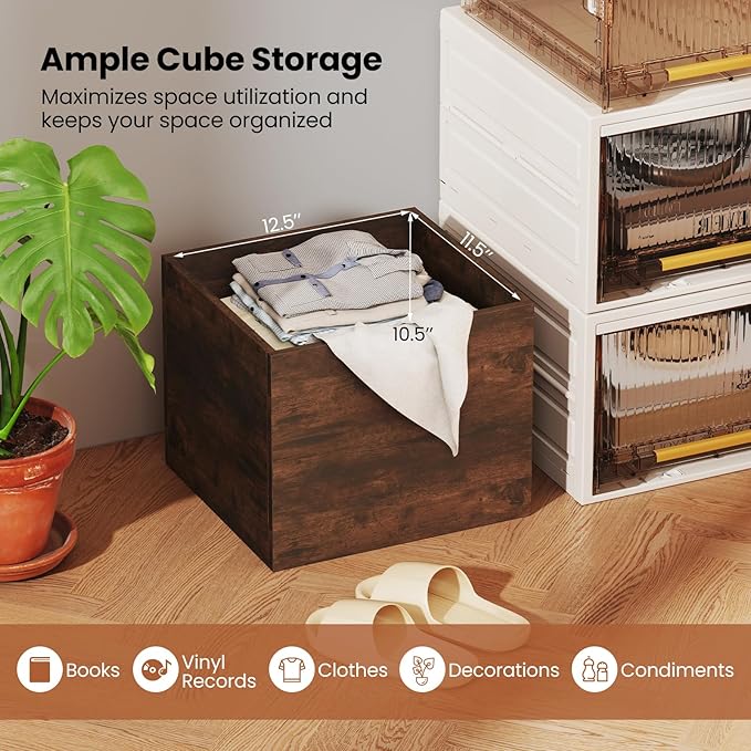 Giantex 4-Cube Bookcase, Stackable Cube Storage Organizer w/Open Bookshelf, Wooden Display Shelving Unit for Small Space, DIY Modular Cubby Storage System for Home, Study, Rustic Brown