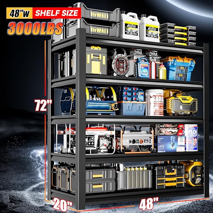 48" W Garage Shelving,5-Tier Heavy Duty Shelving Unit,3000LBS Adjustable Metal Storage Shelves,Storage Rack Units for Industrie,Shed,Warehouse,Basement,Black,48" W x 20" D x 72" H