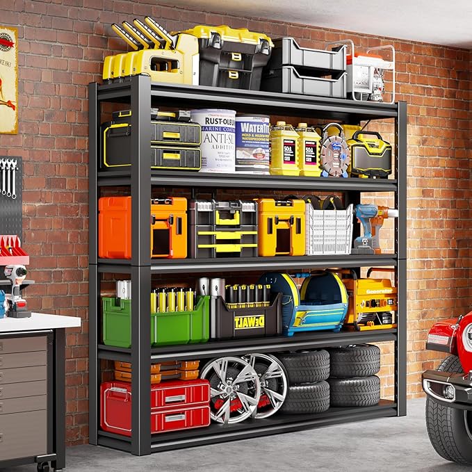 63" H/32” W Garage Shelving, Heavy Duty 5 Tire Adjustable Storage Unit, 3000LBS Metal Garage Shelves, Easy Assembly Shelf for Industrial, Warehouse, Basement (16" D x 32" W x 63" H)