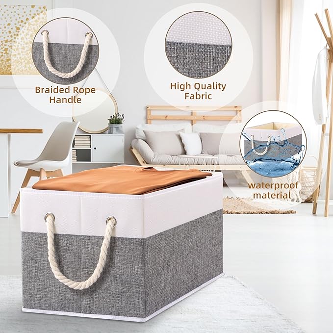 Yawinhe Foldable Storage Basket 5-Pack, Large Fabric Bins with Rope Handle, Used for Organizing Shelves, Closets, Clothes, 12.99''Lx9.05''Wx7.87''H, White/Grey