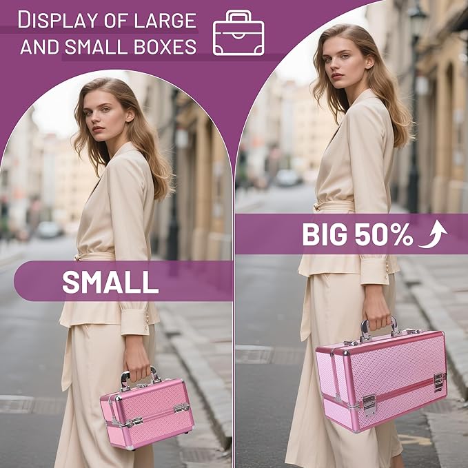 Large Makeup Train Case Cosmetic Organizer Case Makeup Box Portable Make Up Artist Travel Case with 6 Trays Dividers Lockable Hard Train Case Nail Tech Supply Storage - Crystal Pink