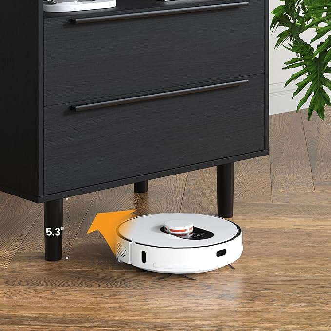 26" Tall Black Nightstand with Charging Station, 2 Drawer Contemporary Modern Bedside Table with Tray Top, USB Ports, Outlets & Open Shelf for Bedroom or Living Room