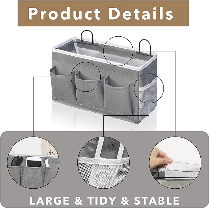 Wall Hanging Organizer Bag, 2-Pack Linen Storage Baskets with Pockets, WallHanging Storage Basket for Bedroom, Kitchen, Office, RV Camper (Gray)