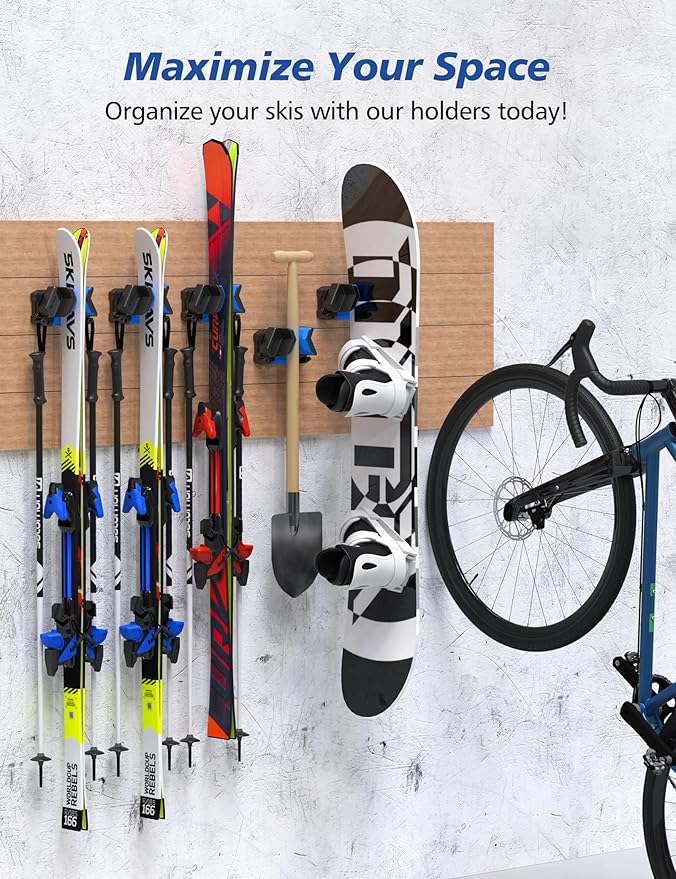 Ski & Snowboard Wall Rack, Ski Wall Mount & Ski Rack Wall Mount for Garage Space-Saving, Winter Gear Organizer, Fits Any Ski or Snowboard, Nonslip Ski Holders, Garage Organization, 2 Pack