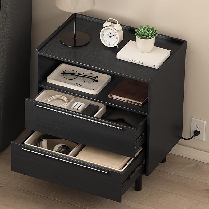 26" Tall Black Nightstand with Charging Station, 2 Drawer Contemporary Modern Bedside Table with Tray Top, USB Ports, Outlets & Open Shelf for Bedroom or Living Room
