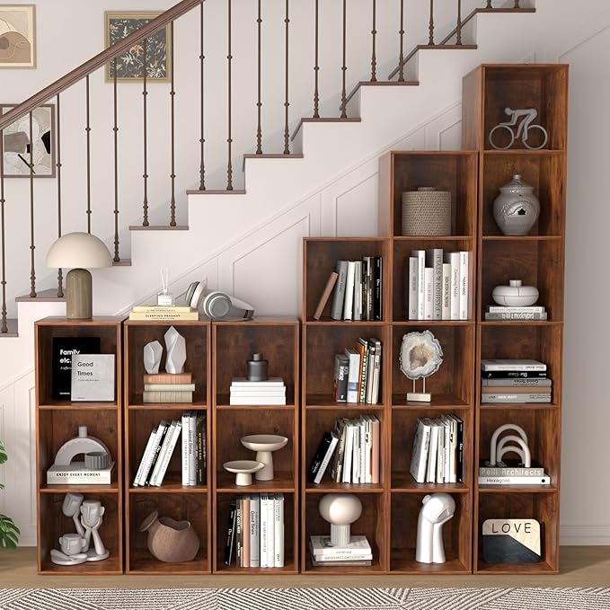 6 Cube Storage Organizer, 6 Tier Cube Low Bookcase Freestanding Storage Display Organizer, Three-Cubes Open Shelf Bookshelf for Home Office (Retro Brown, 6 Cube)