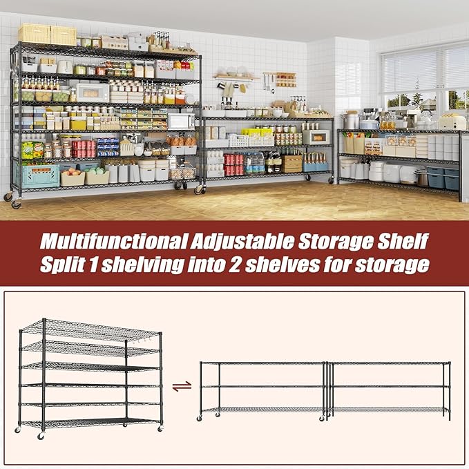 PrimeZone 6 Tier 80.7" H x 55.5" W x 24" D Wire Shelving with Wheels 3600lbs NSF Certified Storage Shelves Heavy Duty Metal Shelf Adjustable Rolling Rack Commercial Garage Restaurant Warehouse 8Pack