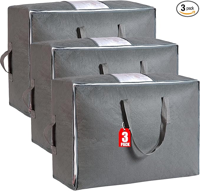 105L Extra Large Storage Bags for Blankets, King Comforters, Bedding, Clothes, Pillows, Sheets - Closet Organizers and Storage with 4 Handles & Clear Window, Foldable & Breathable (Grey, 3pack)