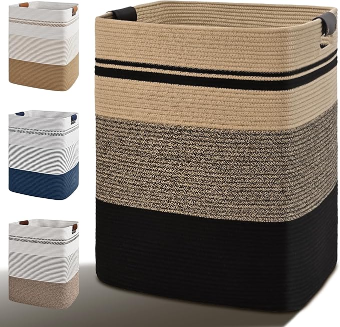 Laundry Hamper, 85L Tall Laundry Basket with Leather Handles, Rectangle Large Clothes Hamper for Organizing, Cotton Woven Laundry Baskets Storage Hampers for Bedroom, Nursery, Living Room