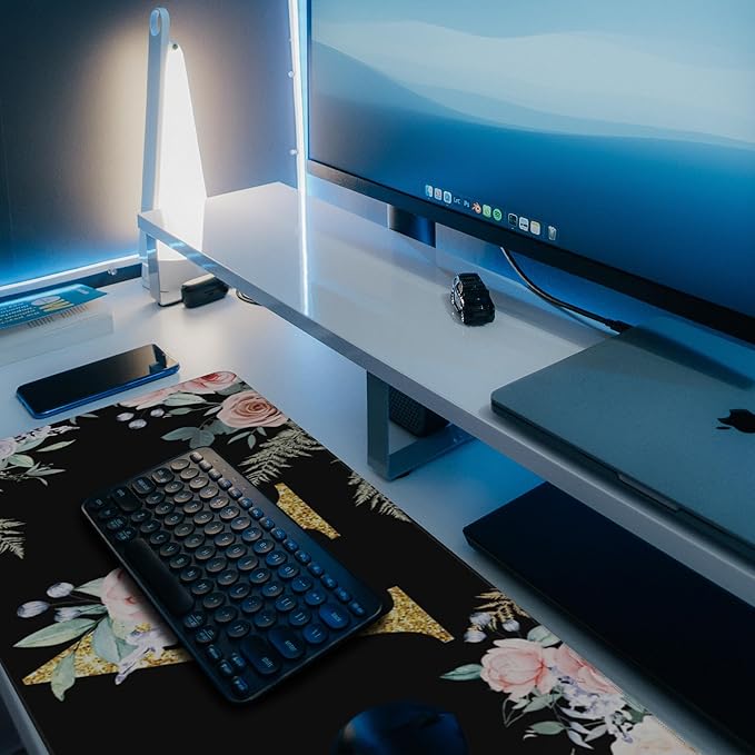 Large Gaming Mouse Pad for Desk, Flower Golden Letters V Desk Mat, 35.4"x15.7" Big Mouse Pad with Non-Slip Base and Stitched Edge, Long Computer Keyboard Mouse Mat for Home Office Work
