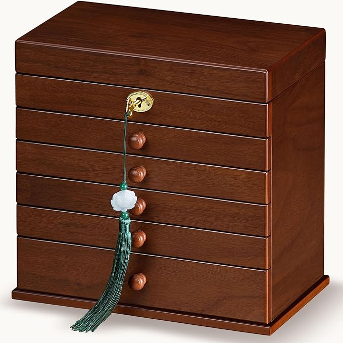 Jewelry Boxes and Organizers - Large Wooden Lockable Cabinet with Key, 8-Layer dresser top jewelry organizer, Vintage Jewelry box for Women and Men GiftIdea