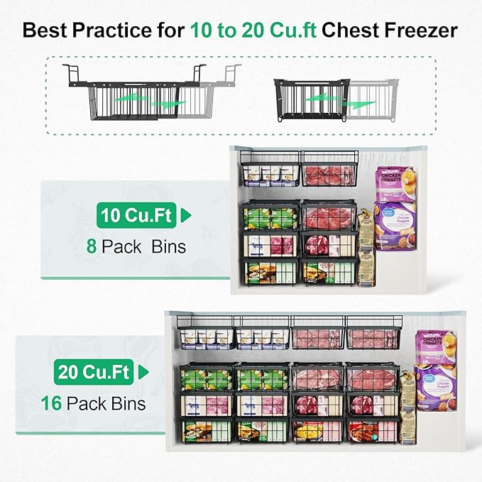 iSPECLE Large Chest Freezer Organizer Bins - 17.5" to 22.6" Expandable Length Baskets for Deep Freezer, Fit 10 to 20 Cu.FT, 2 Pack Adjustable Hanging Chest Freezer Basket, Black