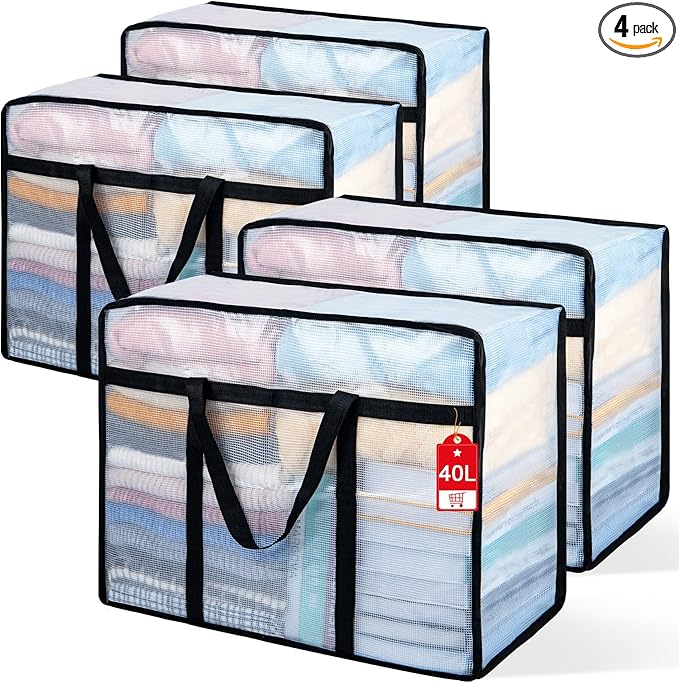 4 Pack Clear Blanket Storage Bags with Zipper, Vinyl Foldable Moving Bags Closet Organizers and Storage Containers for Bedding, Blankets, Comforters, Clothing, Toys, Quilt, Duvet, 40L
