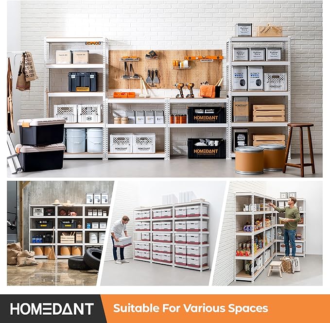 HOMEDANT 5 Tier Storage Shelves Adjustable Laminated Boltless Garage Metal Shelving Unit Heavy Duty Utility Rack Shelf Warehouse Pantry Closet Kitchen (1, (M) 35.9" W, White)