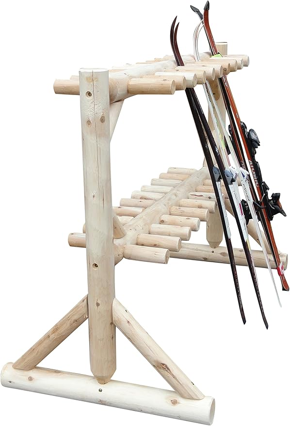 17-Place Freestanding Log Ski Rack Holder, Indoor & Outdoor Snowboard Racks, Standing Storage, Garage Racks for Snow Skis, Durable Snowboard Rack Garage Storage Organizer - Unfinished