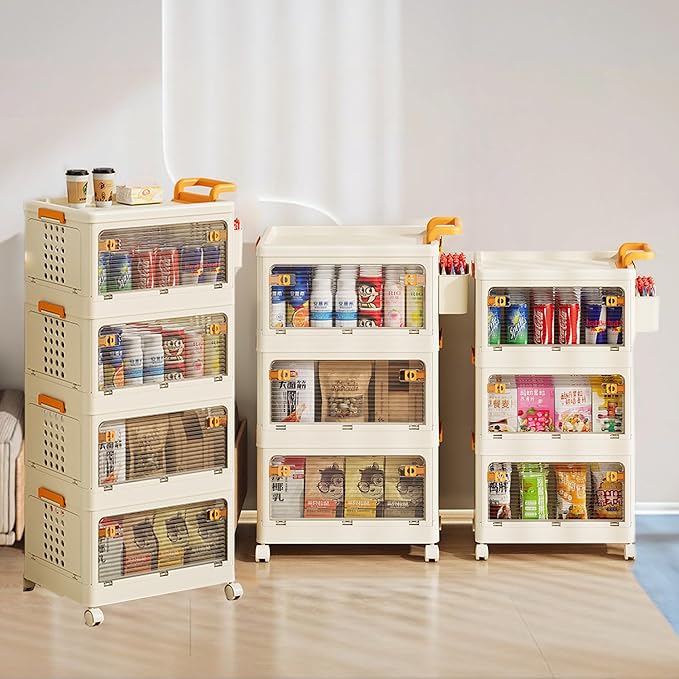 58 QT Storage Bins with Lids, Stackable Rolling Storage Cart with Clear Doors, 4 Tier Storage Cart on Wheels, Plastic Storage Containers for Home, Office, Kitchen, Bedroom, White