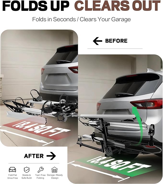 RokRack One Foldable 2-Ebike Rack with Ramp, 200 lbs Capacity, Hitch Mount Electric Bike Rack, Fits up to 5" Fat Tire Width and 50" Wheelbase, Ebike Carrier Rack for 2" Receiver for Cars SUVs Vans RVs
