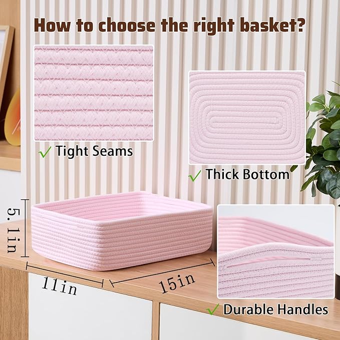 Large Shallow Organizing Baskets 15x11x5.1 Inches - Rope Woven Storage Bins for Bathroom, Shelves, Cube Closet, Light Pink 3 Packs