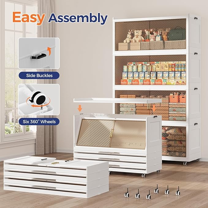 200 Gallon Extra Large Collapsible Storage Bin with Lid, 960QT Stackable Plastic Organizer with 6x Wheels, Foldable Drawer Cabinet for Closet, Living Room Office, Kitchen 4Pack, White